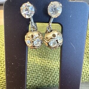 Vintage Rhinestone Small Round Disco Ball Costume Jewelry Clip-On Earrings